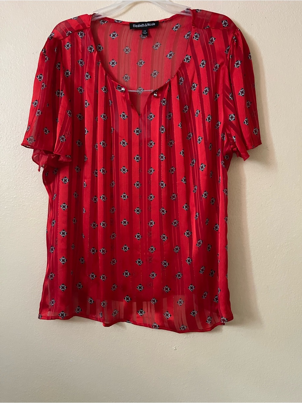 Elizabeth & Nicole Red Sheer Short Sleeve Blouse Top 2XL